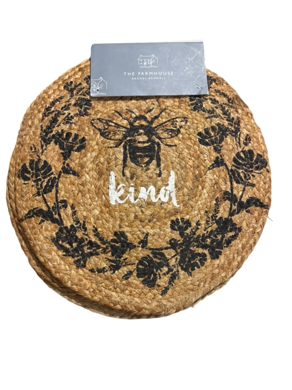 Rachel Ashwell The Farmhouse Bee Kind 15” Round Jute reversible stripe Placemats